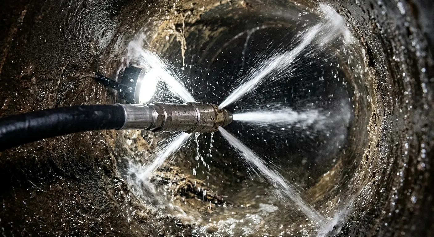 High-pressure hydro jetting nozzle cleaning sewer pipe for Emergency Drain Service in Dumbarton